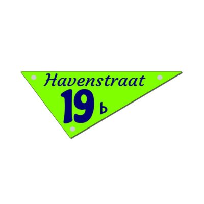 Naambord driehoek 36x17 cm van hoogwaardig acrylaat, personaliseerbaar met diverse kleuren, geschikt voor binnen en buiten