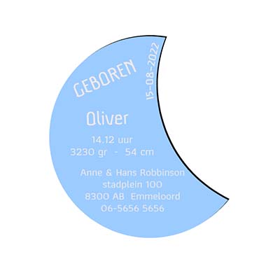 Bedankje jongen maanvorm 31×35 mm – lichtblauw spiegelacrylaat met persoonlijke gravure