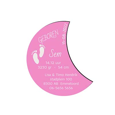 Bedankje meisje maanvorm 39×44mm in spiegelacrylaat – roze, blauw, goud en zilver  