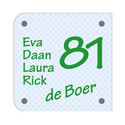 Glaslook naambord 20x20 cm Strak design, duurzaam materiaal, inclusief RVS-look