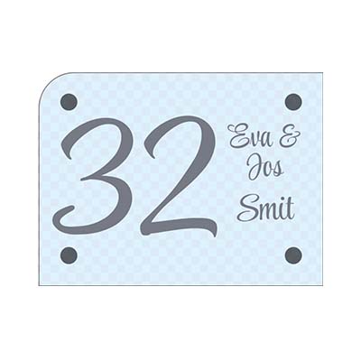 Glaslook 20x15cm Naambord bestellen? Modern, duurzaam en inclusief RVS-look afstandhouders. Personaliseer eenvoudig je huisnummer of naam bij 3DNaambord
