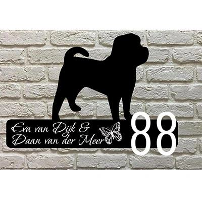 American Bulldog silhouet naambord van zwart acrylaat met gegraveerde naam en vaste opgeplakte huisnummers rechts